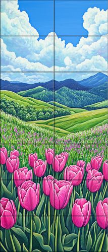 Ceramic tile mural with blooming pink tulips and spring landscape – decorative tile mural